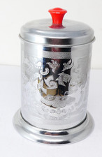 Chrome Tea Caddy Oriental Pattern With Red Knob Lid And Embossed Design
