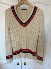 Ralph Lauren Womena Chunky Cricket Cable Knit Jumper Cream/ Red/Navy Size Large