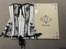 DIVA LONDON STEEL BONED IVORY SATIN LONG LINE CORSET TOP BLACK LACE RIBBON L 12