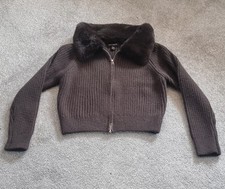 Womens Chocolate Brown Zip Up Cardigan By QED London With Faux Fur Collar.