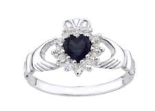 Sterling Silver Simulated BLUE SAPPHIRE & CZ Claddagh Ring - sizes J to U