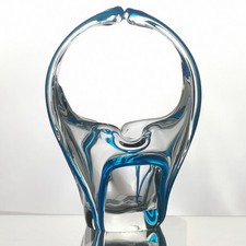 Venetian Bride Murano Art Glass Cobalt Blue Clear Glass Split Handle Basket 7"