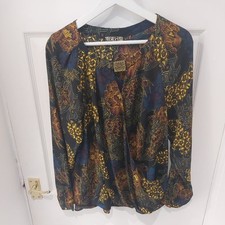 Biba Black Yellow Floral Print Faux Wrap Top Blouse UK 14 