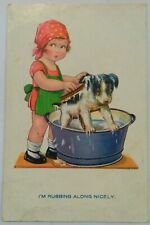 COMIC LITTLE GIRL Bathtub Apron Washing DOG Puppy Vintage Colour PC 1934