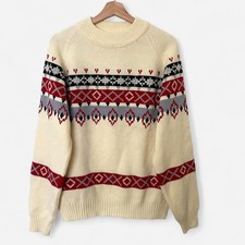 Vintage Patterned Jumper Men's Medium Cream Acrylic Fair Isle 90s Winter Ski