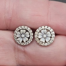 Vintage Italian Silver Flower Cameo CZ Stud Earrings 2g