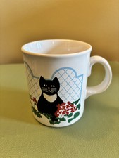 Vintage Sadler Pottery Black/White Cat Mug Blue Trellis Coffee/Tea Mug. 1980's.