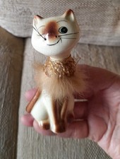Vintage Ceramic Cat Whiskers Gold Fur Collar Vintage Kitsch Marked Foreign