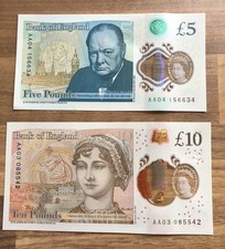 AA04 £5 Note + AA03 £10 Note