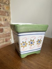 Vintage hand painted square plant pot Green With Daisies