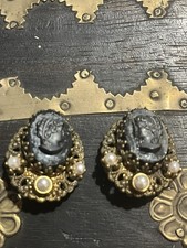 WEST GERMANY Victorian Revival Cameo Glass Rhinestone Filigree Clip Earrings