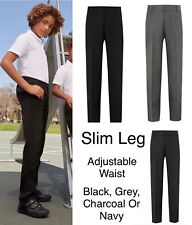 Boys Slim Leg School Trousers George Black Charcoal Grey Navy Adjustable Waist