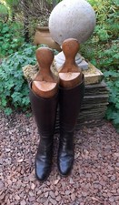 Pair of Antique Gentleman’s Long Black Leather Riding Boots with Wooden Lasts