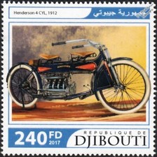 1912 HENDERSON 4-Cylinder Classic Motorcycle Motorbike Stamp (2017 Djibouti)