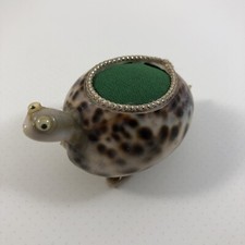 Sea Shell Turtle Figurie Pin Cushion Speckled Brown & White Handmade Vintage