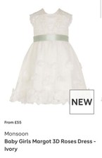 Monsoon 3D Rose Ivory Flower Girl Dress With Sage Green Ribbon Belt Age 2-3 Year