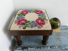Vintage Foot Stool Wood Floral Tapestry seat original chair old Step Shabby Chic