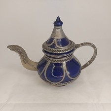 Vintage Moroccan Hand Made Teapot Cobalt Blue Glazed Clay With Metal Overlay 