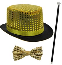 SEQUIN TOP HAT DANCE CANE AND BOW TIE FANCY DRESS RINGMASTER CABARET THEATRE 