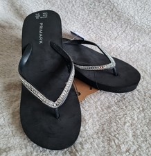 Ladies Black Wedged Sandals/Flip Flops Silver Rhinestones UK L 7-8 Brand New WL