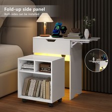 LED Bedside Table with Charging Station Mobile Storage Stool Side Panel White