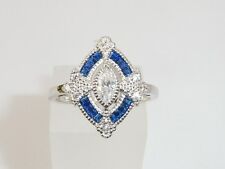 Ladies Ring Sterling Silver 925 Solid Marquise Cut White & Blue Sapphire Ring