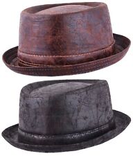 Mens or Womens Pork Pie Hat Distressed Leather Look Vintage Style Trilby Hats