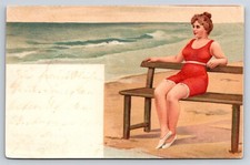 Postcard Woman In Red Bathing Suit Sitting On Bench Seaside Belgium F41