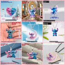 Lilo & Stitch Ohana Enamel Acrylic 2D Pendant Necklace Silver Chain Jewellery