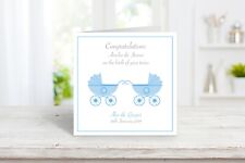 Personalised NEW BABY CONGRATULATIONS CARD - Birth of Twin Boys - Blue Prams