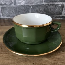 Apilco Green Gold Band Porcelain Large Coffee Tea Cup & Saucer