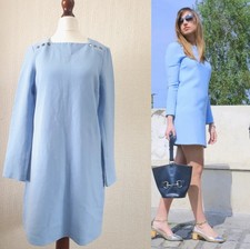 ZARA Sky Blue Shift Dress Silver Buttons Long Sleeve Mini Dress 70s Style Size S