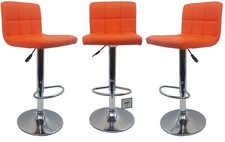 Set of 3 Orange Bar Stools, Modena Style Faux Leather, swivel, height adjustable