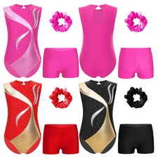 UK Gymnastics Leotards Girls Sparkly Biketard Outfits Activewear Set Dancewear