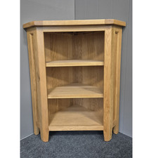 Solid Oak Corner Low Bookcase 2 fixed shelves, lacquered finish, plenty storage