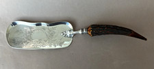 Large ANTIQUE VICTORIAN SILVER PLATED CRUMB SCOOP table tray antler handle
