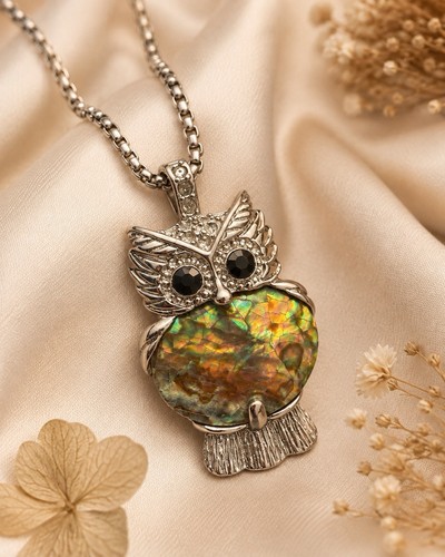 Silver tone metal owl pendant - metal,