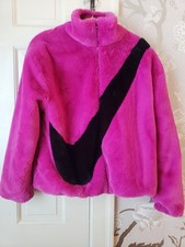 Nike Hot Pink Faux Fur Swoosh Full Zip Jacket Coat Sz S Oversized