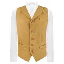 Luxury Mustard Woven Wool Waistcoat with Lapel, Tweed
