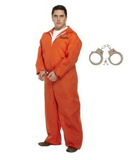 Mens Prisoner Costume Overall Jumpsuit Convict Stag Party Fancy Dress+ Handcuffs