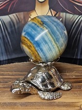 Beautiful Lemurian Blue Onyx Crystal Sphere 44mm 128g & Turtle Stand Set