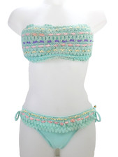 Crochet Bikini Pastel Aqua Blue Bandeau Top Frill Tie Side Bottoms Size S M
