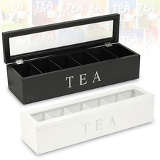 Wooden Tea Box 6 Compartments Hinged Glass Lid Spice Coffee Capsule Holder Food