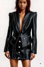 Queena Wish Faux Black Leather Jacket And Skirt Suit Balmain Cut Uk 10-12