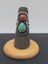 Vintage Navajo Sterling Silver Turquoise And Red Coral Ring Size 6