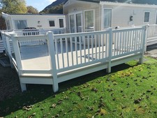 Cream Plastic Static Caravan Decking with Stairs and Opening Gate