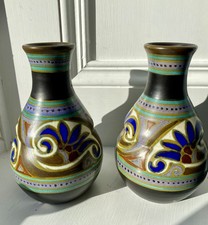 Rare Pair of Art Nouveau Gouda Seine Design 166 handpainted C1928 Pottery Vases 