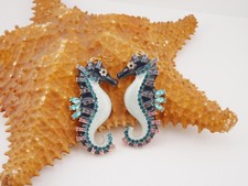 A Lovely Pair of Crystal and Enamel Large Seahorse Costume Jewellery Earrings