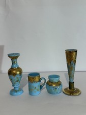 Victorian Moser?  Turquoise Blue And Gold Opaline Glass Miniatures x4 