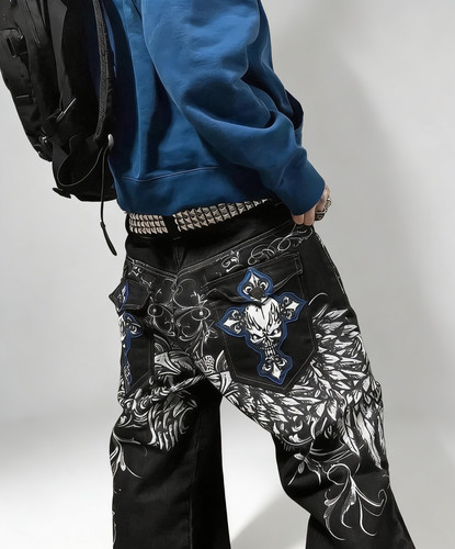 Y2k gothic embroidered baggy - gothic,